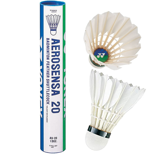 The Yonex Aerosena AS20 Badminton Feather Shuttles come in a set of 12 and feature a solid cork base. Outside the tube, one shuttlecock displays its white feathers and durable build.