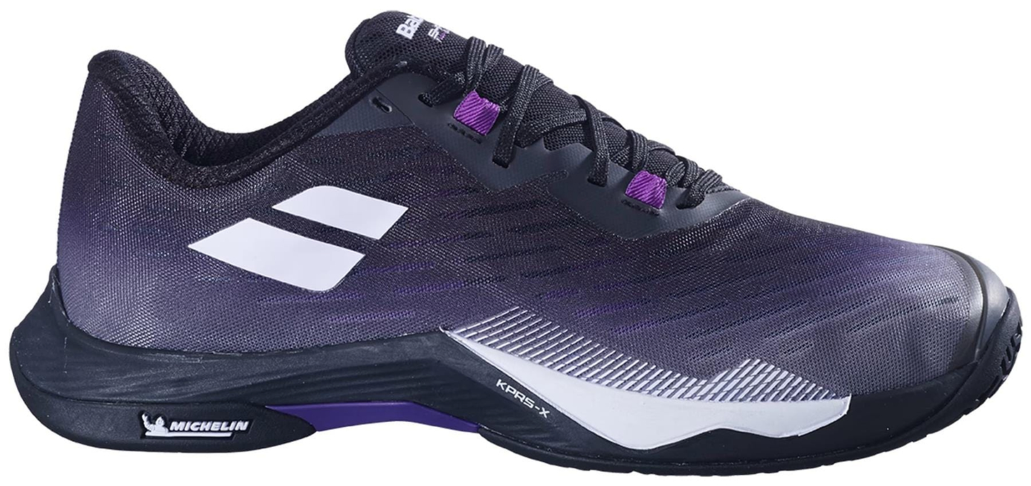 The Babolat Shadow Tour 5 Men's Badminton Shoes in Black/Purple feature a breathable, lightweight indoor court design with black laces, white details, purple accents, and a Michelin logo on the black sole for secure fit and agility.