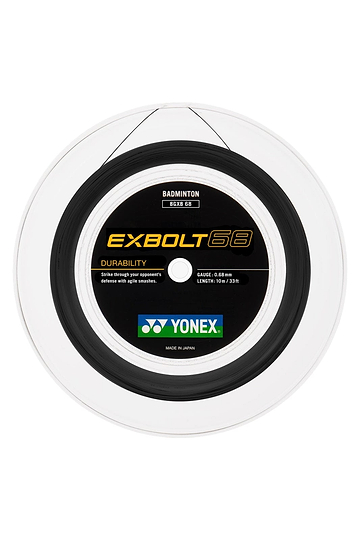 A 200m reel of Yonex Exbolt 68 Badminton String in Black (Midnight Blue), 0.68mm gauge, features FORGED FIBER technology for durability. The Yonex logo is displayed on the product label.