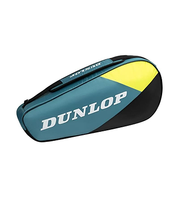 The Dunlop SX Club 3 Racket Badminton Bag in teal, black, and yellow features bold white branding and padded backpack straps for easy transport, ideal for tennis enthusiasts.