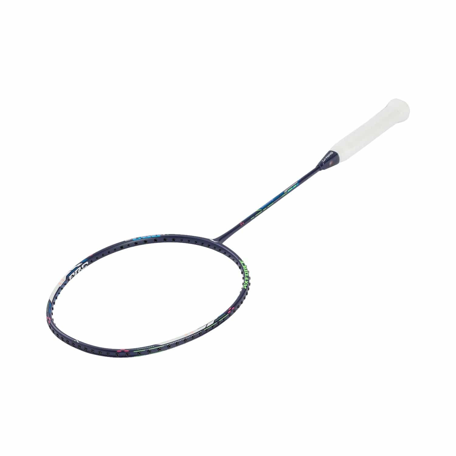 The Li-Ning Axforce Cannon Pro 4U badminton racket features a blue design with a white grip, enhanced with colorful accents on the black frame. Set against a simple white background, this racket includes a Shock Absorption System for improved performance.