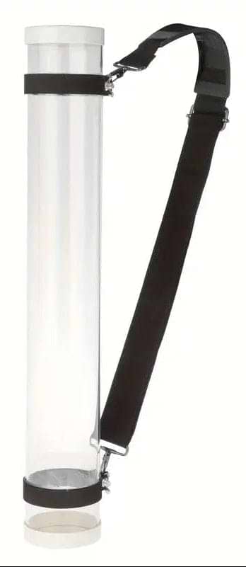 The BadmintonHQ Badminton 50cm Shuttlecock Tube Feeder is a transparent cylindrical tube with black end caps and an adjustable shoulder strap, ideal for carrying shuttlecocks, rolled documents, or artwork.