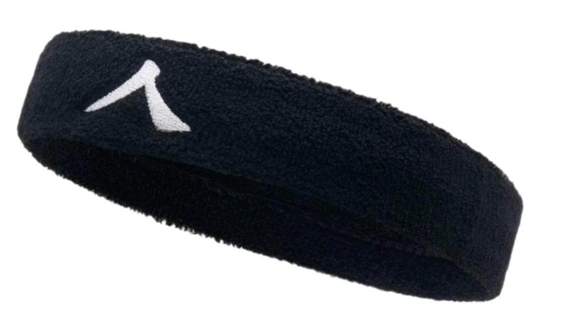 The Kanso 4cm Headband - Black by Kanso features a white stylized "A" logo on a plain background, crafted from absorbent fabric for maximum comfort during any activity.