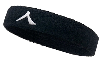 The Kanso 4cm Headband - Black by Kanso features a white stylized "A" logo on a plain background, crafted from absorbent fabric for maximum comfort during any activity.