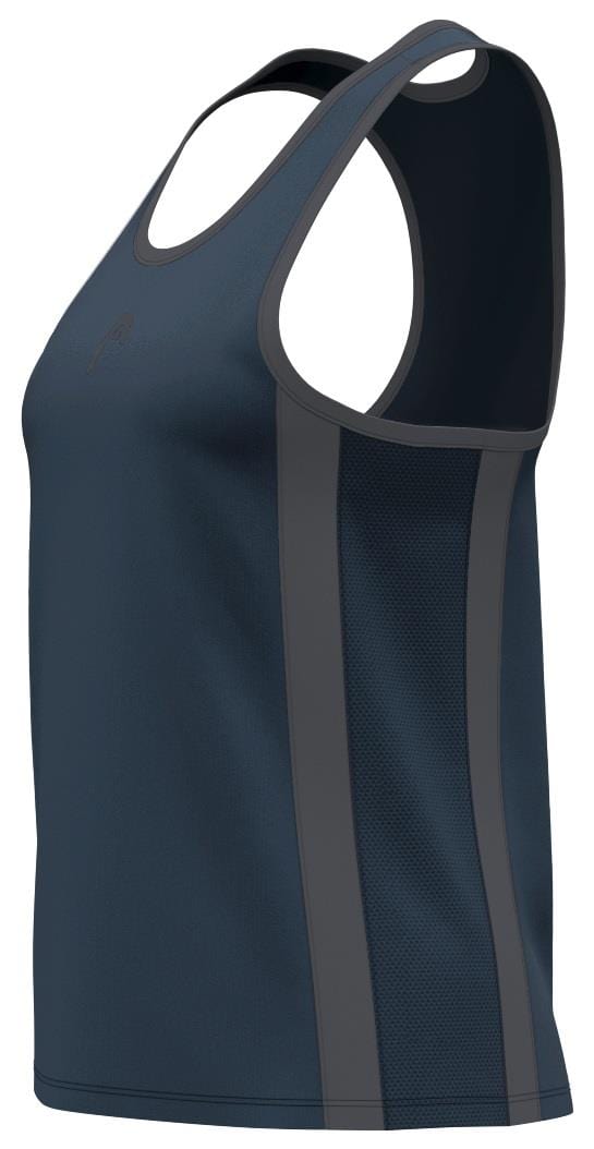 The HEAD Club 25 Tech Women's Badminton Tank Top in navy is a dark blue sleeveless top with gray side panels and a racerback design, crafted from Moisture Transfer Microfiber, displayed on a mannequin.