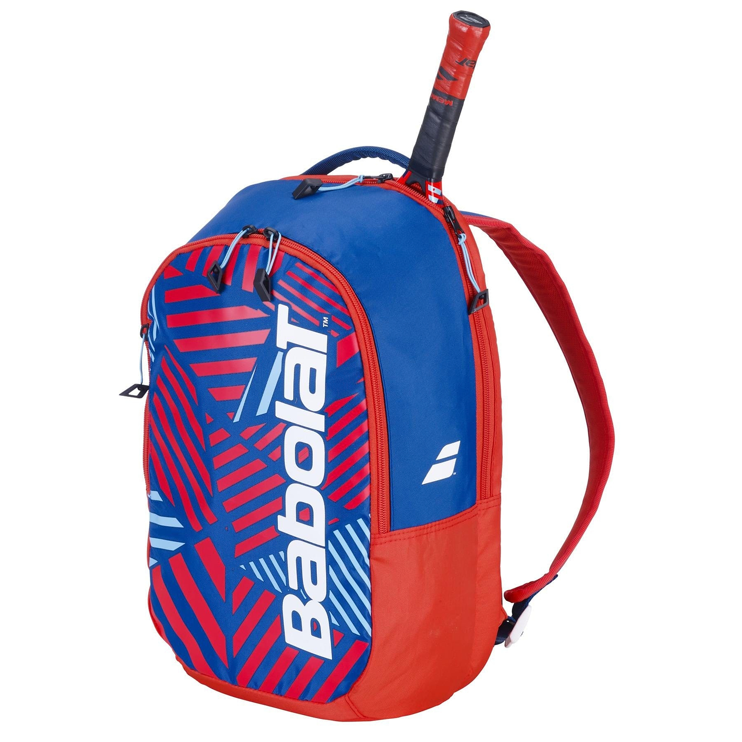 The Babolat Kids Badminton Backpack in blue/red features a geometric pattern, side pocket for racket handles, a large main compartment, and two adjustable shoulder straps—ideal for young athletes.