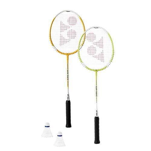 Two Yonex GR505 Badminton Rackets—one with orange, one with yellow accents—stand side by side. Two white shuttlecocks with blue bands rest below, ideal for recreational play.