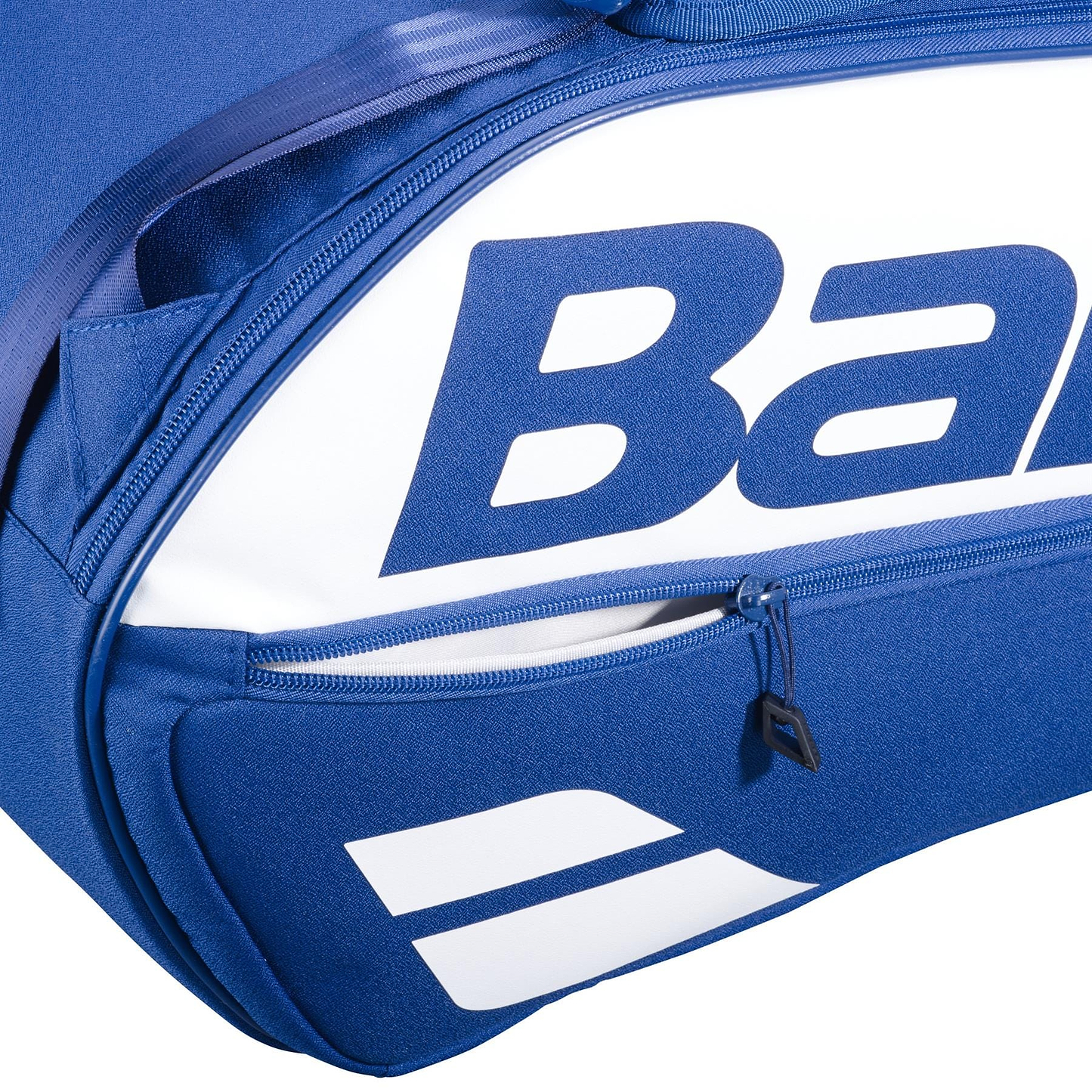 Close-up of the Babolat Court L 9 Racket Badminton Bag in dark blue, featuring a visible zipper pocket, part of the bold Babolat logo, and a white graphic design. Made from recycled PET for both style and sustainability.