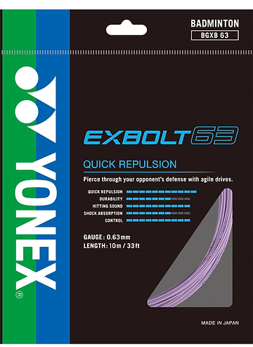 Yonex Exbolt 63 Badminton String Lavender 0.63mm 10m pack features Yonex branding, FORGED FIBER for quick repulsion, and a vibrant lavender string graphic on the packaging.