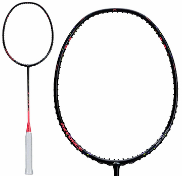 The Li-Ning Axforce 40 3U Badminton Racket in black/red features a white grip, red accents, and an oval head with visible string holes, made with advanced TB Nano Carbon Fibre construction.