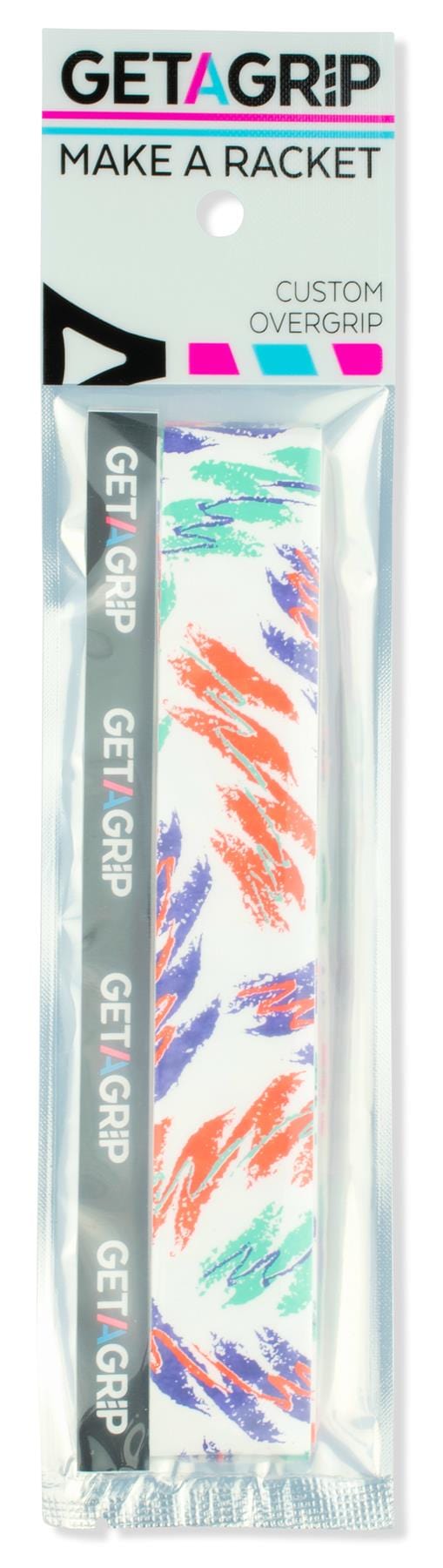 Get A Grip Badminton Overgrip - Baseline by Get A Grip: a premium white grip for sports rackets with orange, purple, and teal abstract brushstroke patterns, plus a black "GETAGRIP" finishing tape.