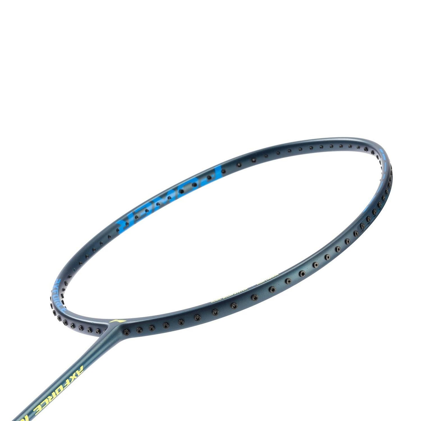 A close-up of the unstrung Li-Ning Axforce 10 5U Badminton Racket - Indigo shows its head-heavy frame with visible grommet holes, set against a plain white background. No strings are attached.