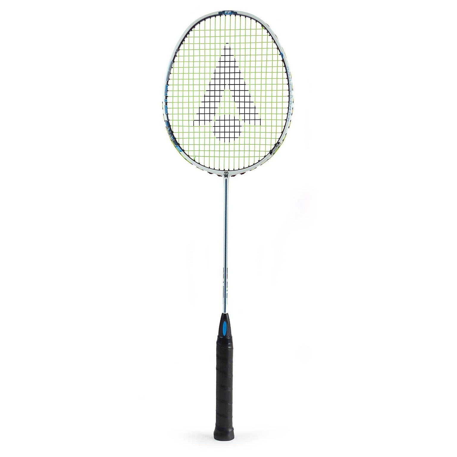 The Karakal Black Zone BZ Lite Badminton Racket - White includes a black grip and an isometric head with a geometric string pattern against a white background, featuring Muscle Tec technology for improved performance.