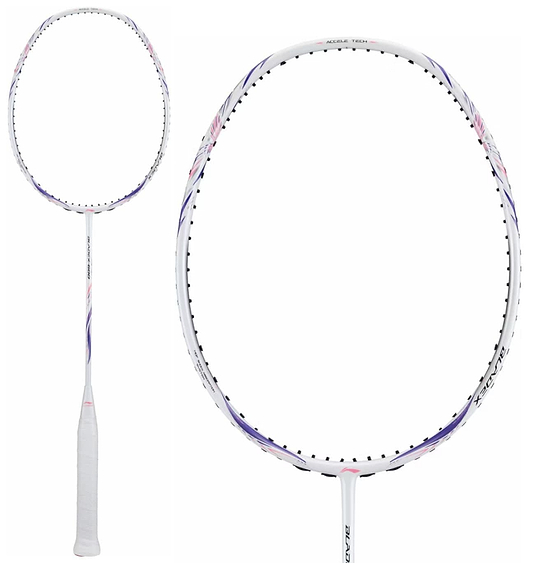 The Li-Ning BladeX 600 5U Badminton Racket in white, with light pink and purple accents and Ultra Carbon Build for durability, is shown fully on the left and as a head close-up on the right, both against a plain white background.