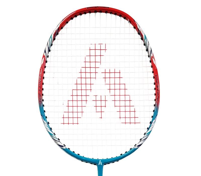 The Ashaway AM 9SQ Badminton Racket by Ashaway features a vibrant red and turquoise frame with a distinctive red "A" design on the white strings. The racket is crafted with a carbon shaft for enhanced power, control, and precision, standing out against the plain white background.