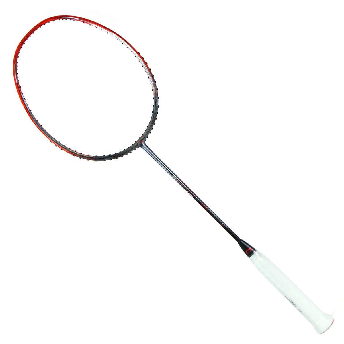 The Li-Ning 3D Calibar 900 Boost Badminton Racket is displayed diagonally on a plain white background, showcasing its red and black frame paired with a white grip handle. Its streamlined design incorporates Dynamic-Optimum Frame technology, enhancing its performance capabilities.