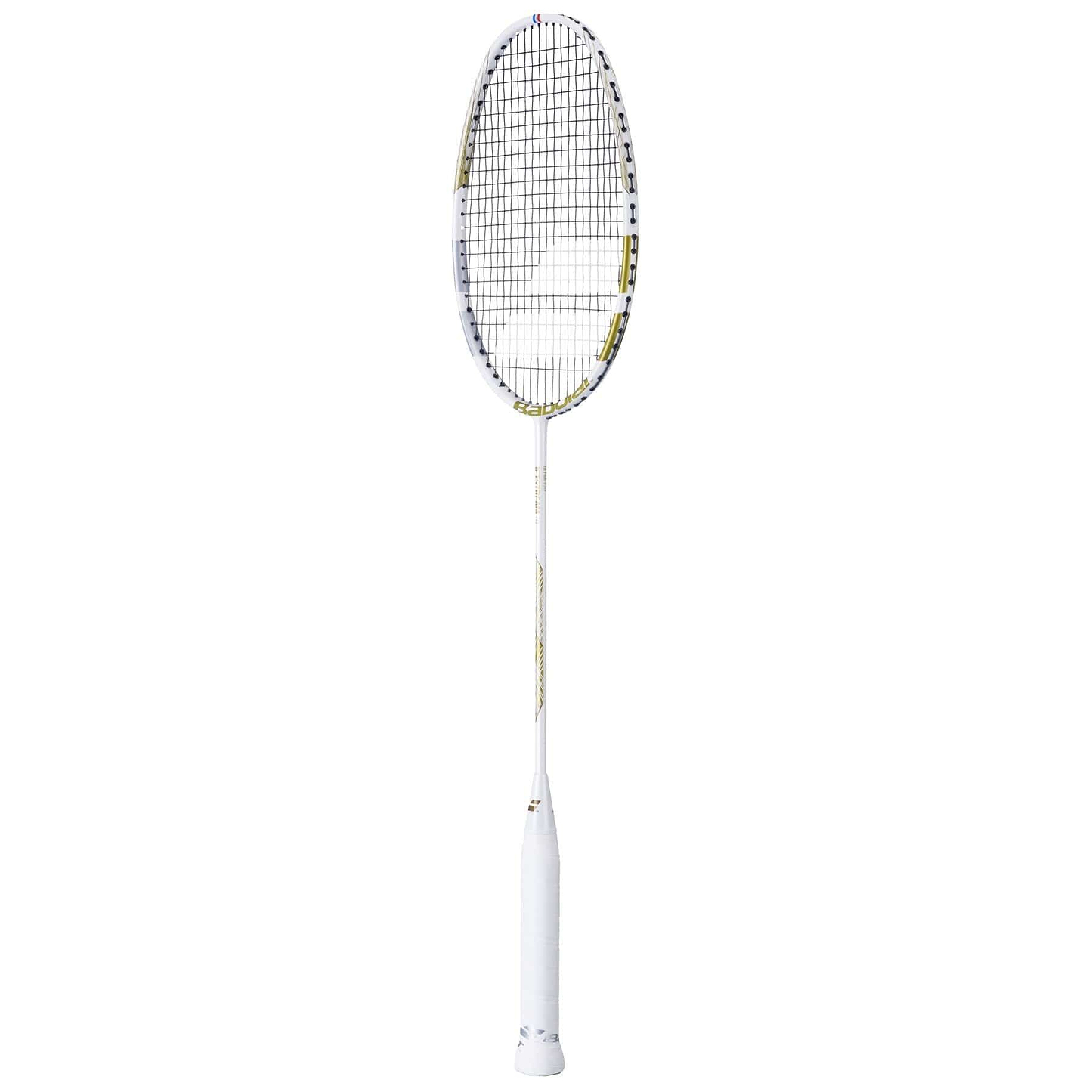 The Babolat Jetstream 74 6U badminton racket in white with gold highlights, designed for optimum handling, features an ultra-light build and stands upright against a plain white backdrop.