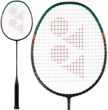 The Yonex Astrox 99 Play 4U Badminton Racket - Black / Green features a black handle, green-accented frame, and red geometric string design; shown in both full view and head close-up—ideal for beginners. Brand: Yonex.