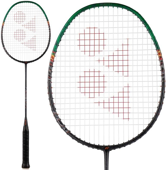 The Yonex Astrox 99 Play 4U Badminton Racket - Black / Green features a black handle, green-accented frame, and red geometric string design; shown in both full view and head close-up—ideal for beginners. Brand: Yonex.