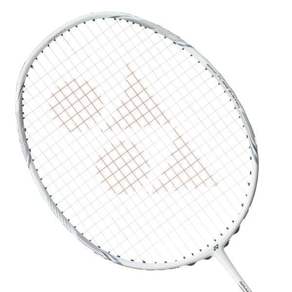 The Yonex Nanoflare Nextage 4U Badminton Racket in White/Grey features a geometric logo at the center of its stringbed and is photographed on a plain white background—perfect for intermediate players.