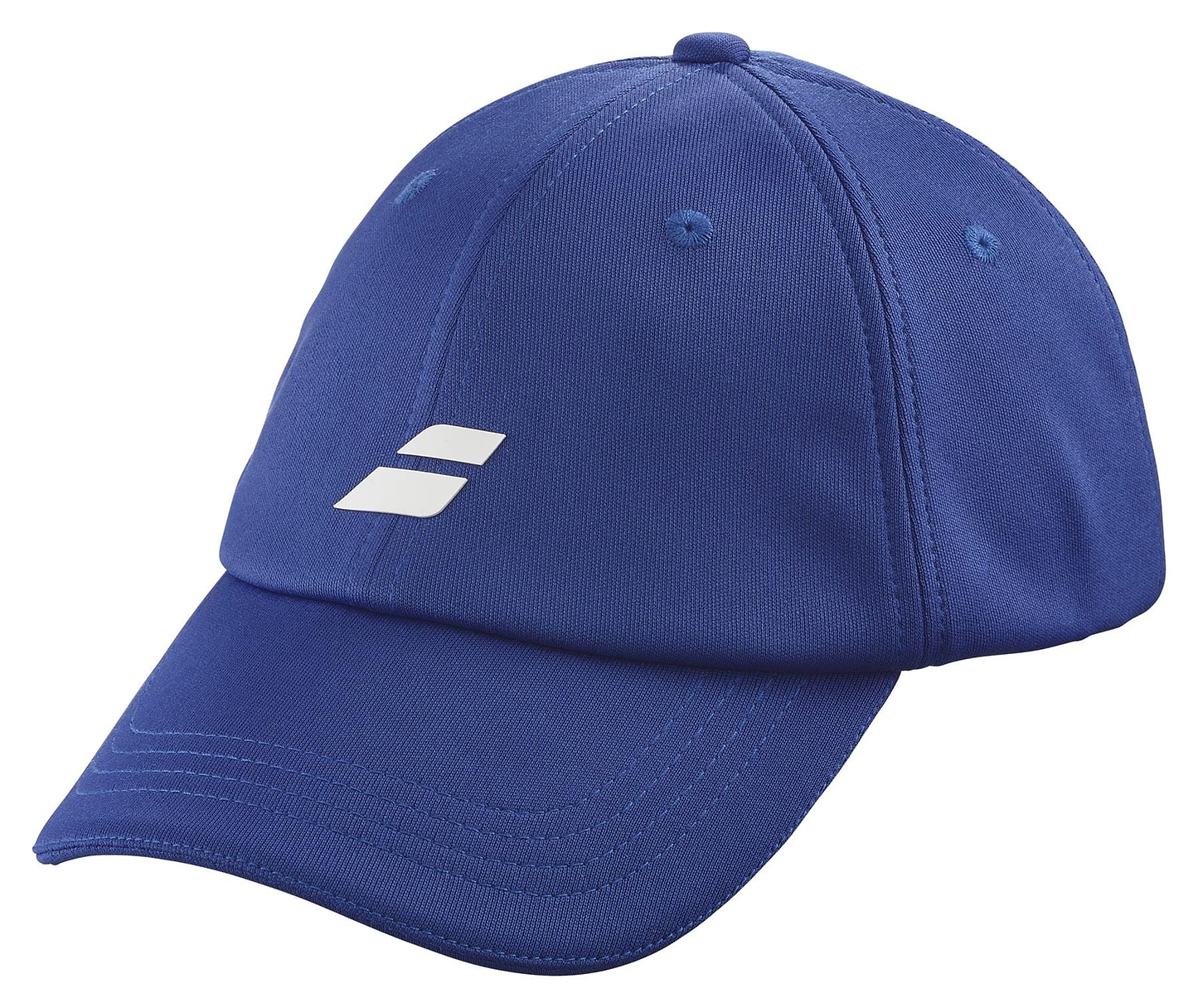 The Babolat Pure Logo Cap in Sodalite Blue features a curved brim and white logo. Crafted from lightweight, recycled polyester, it includes stitched seams and ventilation holes for comfort.