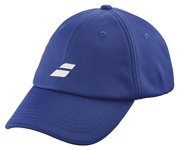 The Babolat Pure Logo Cap in Sodalite Blue features a curved brim and white logo. Crafted from lightweight, recycled polyester, it includes stitched seams and ventilation holes for comfort.