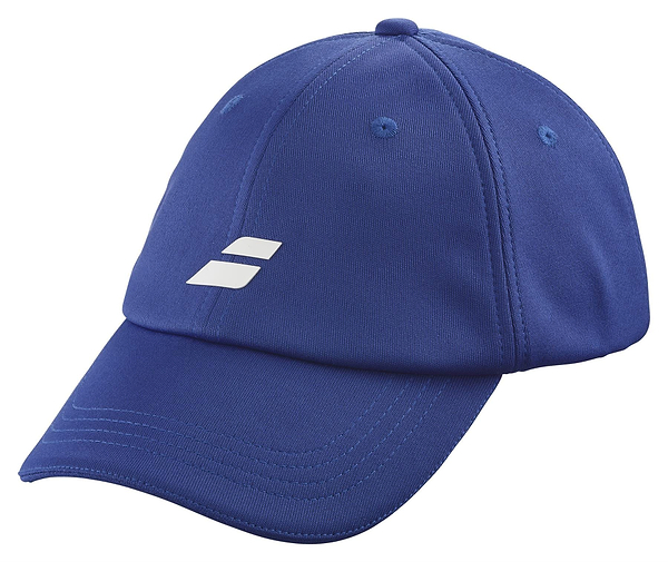 The Babolat Pure Logo Cap in Sodalite Blue features a curved brim and white logo. Crafted from lightweight, recycled polyester, it includes stitched seams and ventilation holes for comfort.