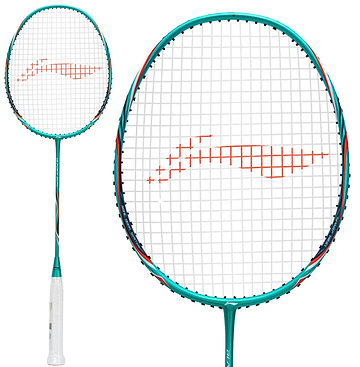 The Li-Ning BladeX 200 4U Badminton Racket in Viridian Green features a high carbon frame, white grip, and an orange string pattern, displayed fully on the left with a close-up of the head on the right.