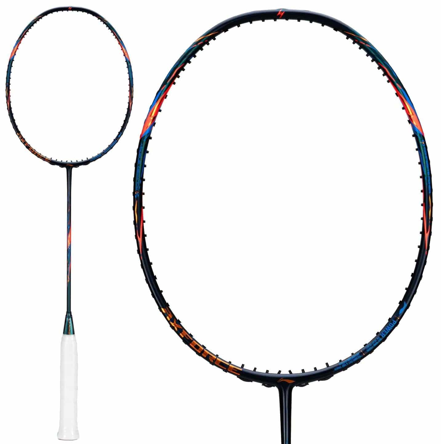 A close-up and full view of the Li-Ning Axforce 90 4U Badminton Racket in black, featuring a white handle and black frame with orange and blue accents, set against a plain white background.