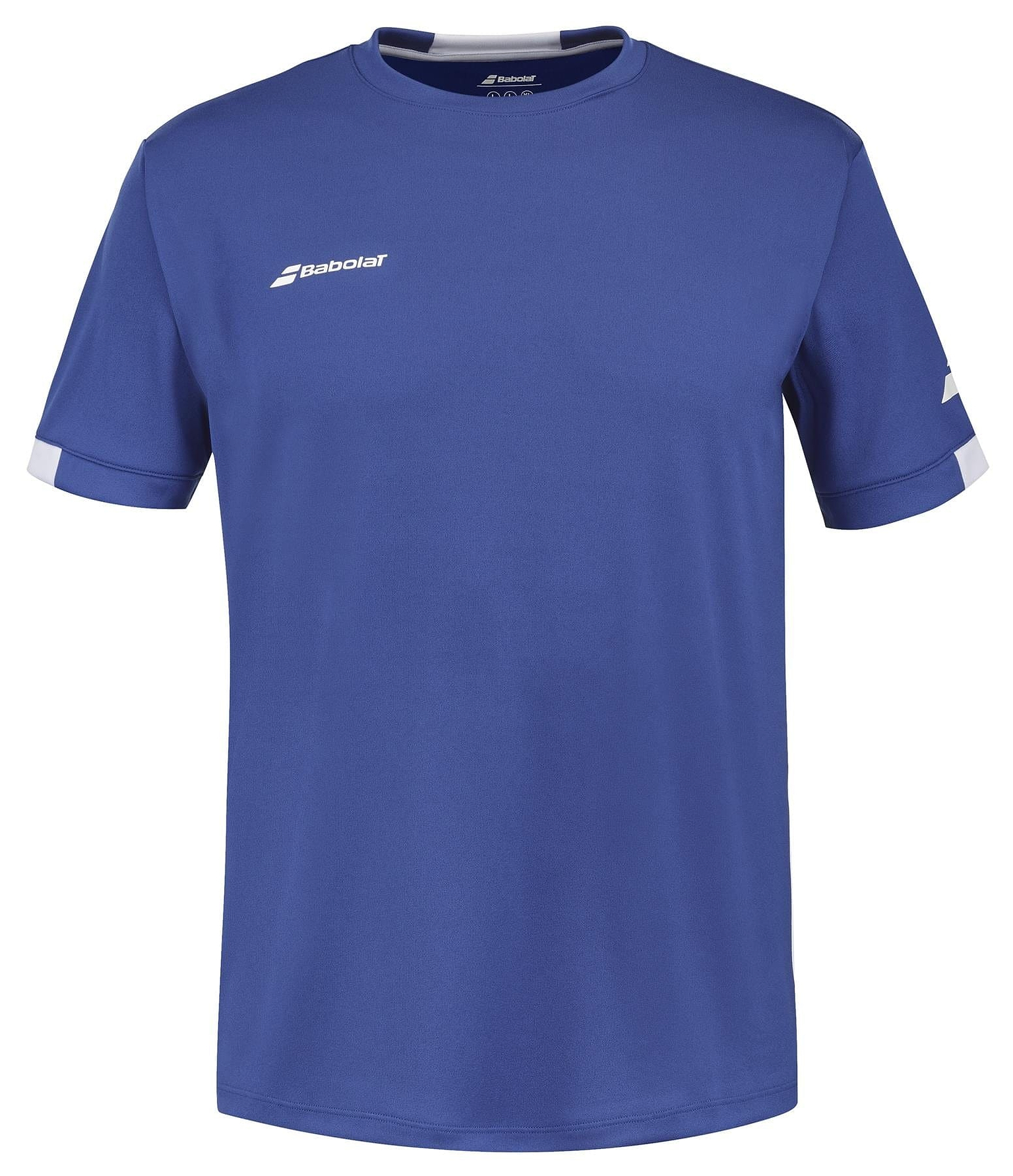 The Babolat Play Men's Crew Neck Badminton T-Shirt in Sodalite Blue is made from recycled polyester and features white Babolat logos on the left chest and right sleeve, plus a subtle white stripe detail near the sleeve cuffs.