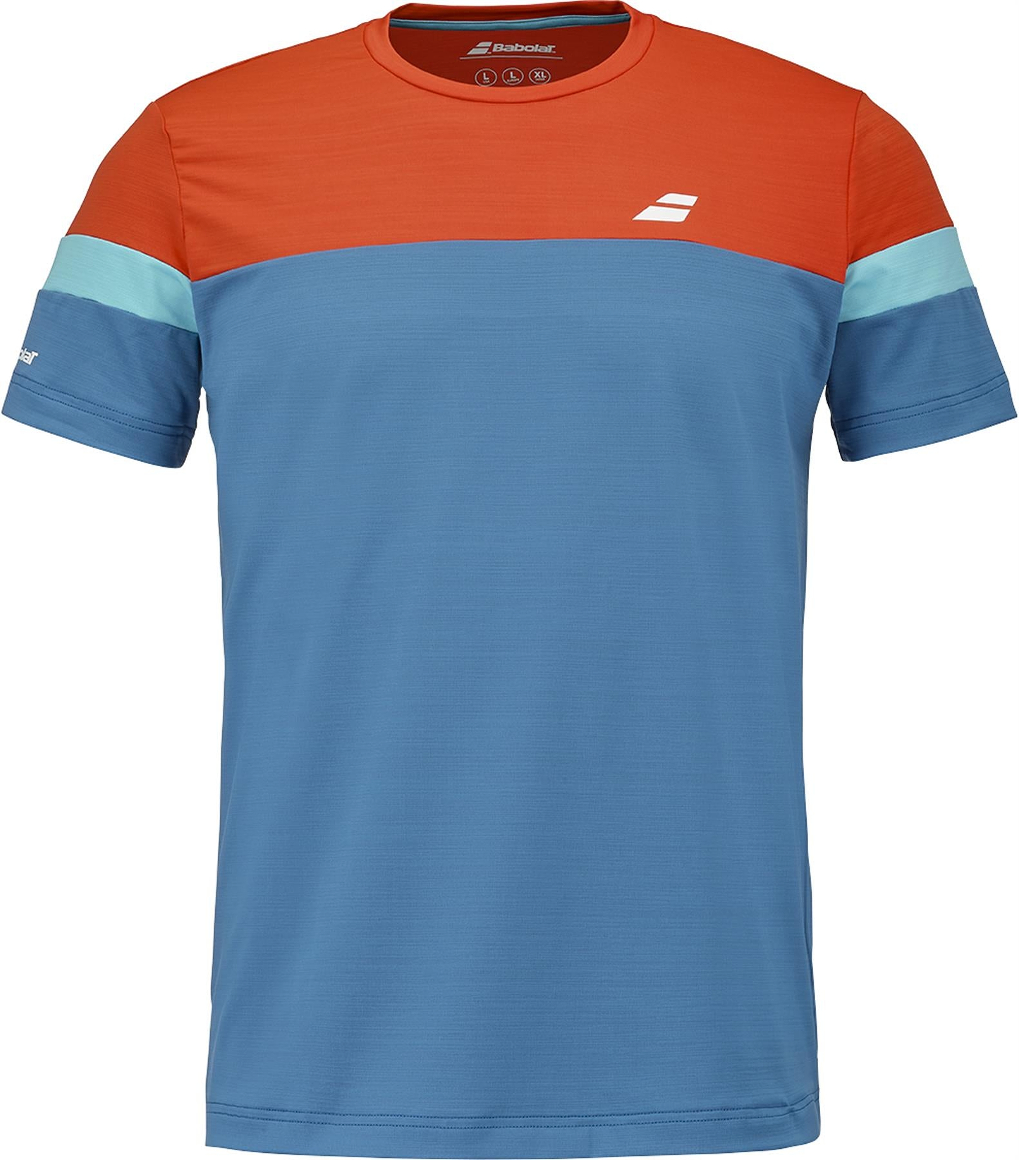 The Babolat Crew Neck Mens Badminton T-Shirt - Seaport features short sleeves, a red-orange upper, blue lower, light blue sleeve stripes, and small white Babolat logos on the left chest and left sleeve.