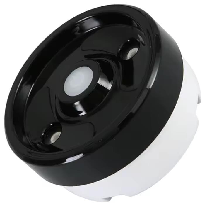 A close-up of the BadmintonHQ Badminton Shuttlecock Humidifier, a round black and white plastic device with a glossy finish, central white button, and metallic details, designed for advanced shuttlecock humidification.