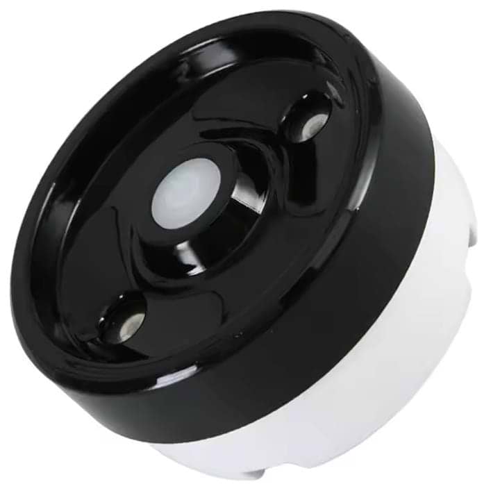 A close-up of the BadmintonHQ Badminton Shuttlecock Humidifier, a round black and white plastic device with a glossy finish, central white button, and metallic details, designed for advanced shuttlecock humidification.