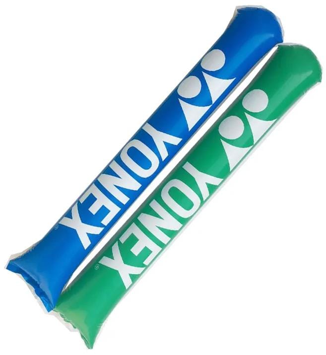 Two Yonex Inflatable Cheer Sticks—one blue, one green—feature the Yonex logo in white. These branded accessories are perfect for badminton fans and are shown side by side on a clean white background.