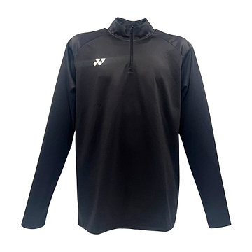 The Yonex YMDL2024 Unisex Badminton Midlayer in black features lightweight insulation, a quarter zipper at the neck, and a small white logo on the left chest. Displayed against a plain white background, this long-sleeve athletic top is perfect for badminton enthusiasts.