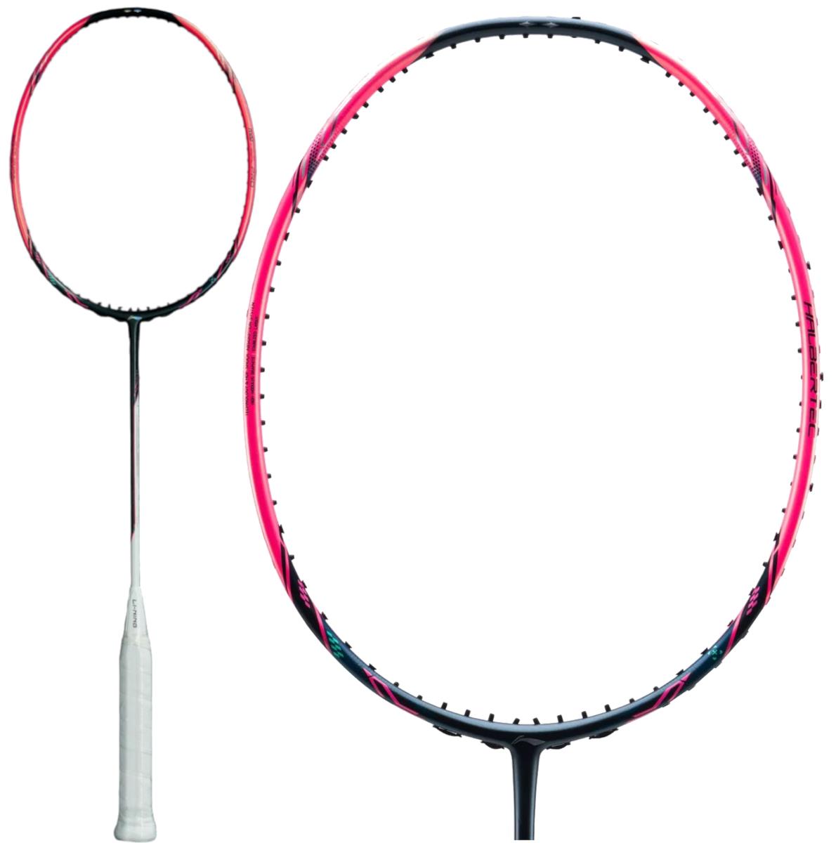 A black and pink Li-Ning Halbertec Motor Pro 5U badminton racket with a white grip is displayed in full length and close-up against a white background, emphasizing its precision and accuracy.