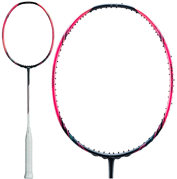 A black and pink Li-Ning Halbertec Motor Pro 5U badminton racket with a white grip is displayed in full length and close-up against a white background, emphasizing its precision and accuracy.
