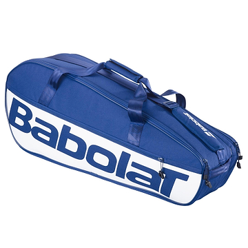 The Babolat Court M 6 Racket Badminton Bag in dark blue offers handles and zippered compartments for rackets and gear, all crafted from recycled PET materials.