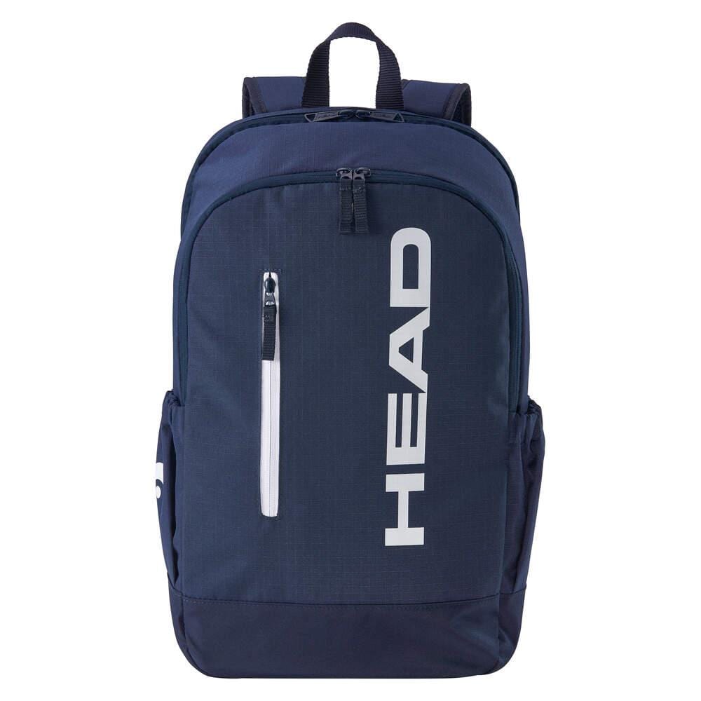 The HEAD BASE Badminton Backpack 17L - Navy features "HEAD" in white, an updated design, a racket compartment, front zip pocket with white zipper, and two side pockets.