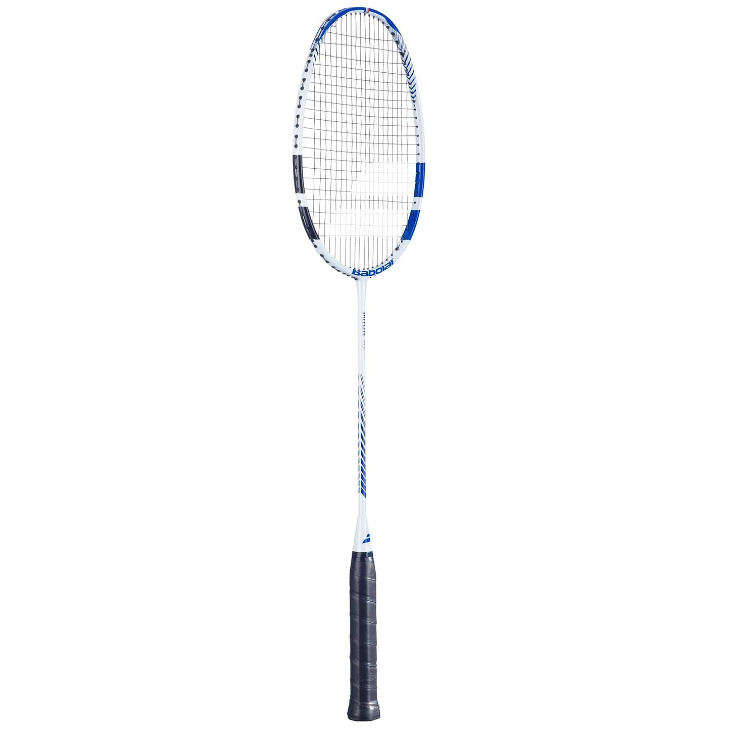 The Babolat Satelite Rise Badminton Racket - Blue / White features a black grip, an oval head with strings, and an extended shaft. Its head light design improves maneuverability, while the Shot Optimizer technology provides precise control for every game.