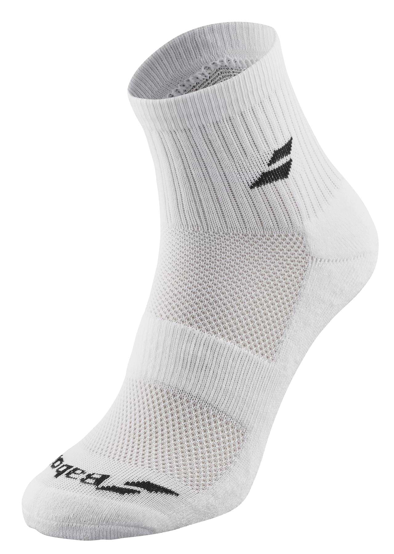 The Babolat Quarter 3 Pack Badminton Socks in White, Blue, and Grey are designed with a ribbed cuff and ventilated zones to enhance airflow. Featuring a small black logo on the side and a smooth toe seam, these socks offer exceptional comfort and performance for badminton players.