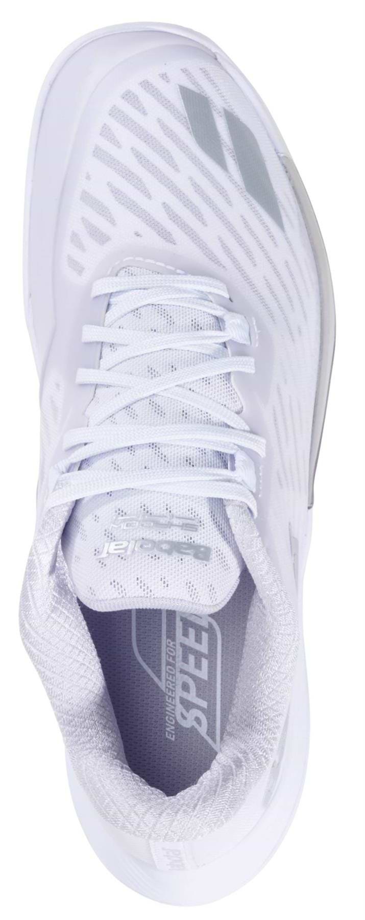 Top view of the Babolat Shadow Tour 5 Womens Badminton Shoes in white by Babolat, featuring light gray geometric patterns, white laces, cushioned collar, and "SPEED" labeled insole—designed for optimal indoor court grip.