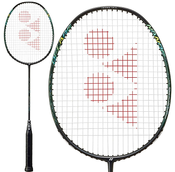 The image shows the Yonex Nanoflare 002 Feel 4U Badminton Racket in black/green, with a head light balance, black handle and frame, red Yonex logo on the white strings, and both full and close-up views of the racket’s head.