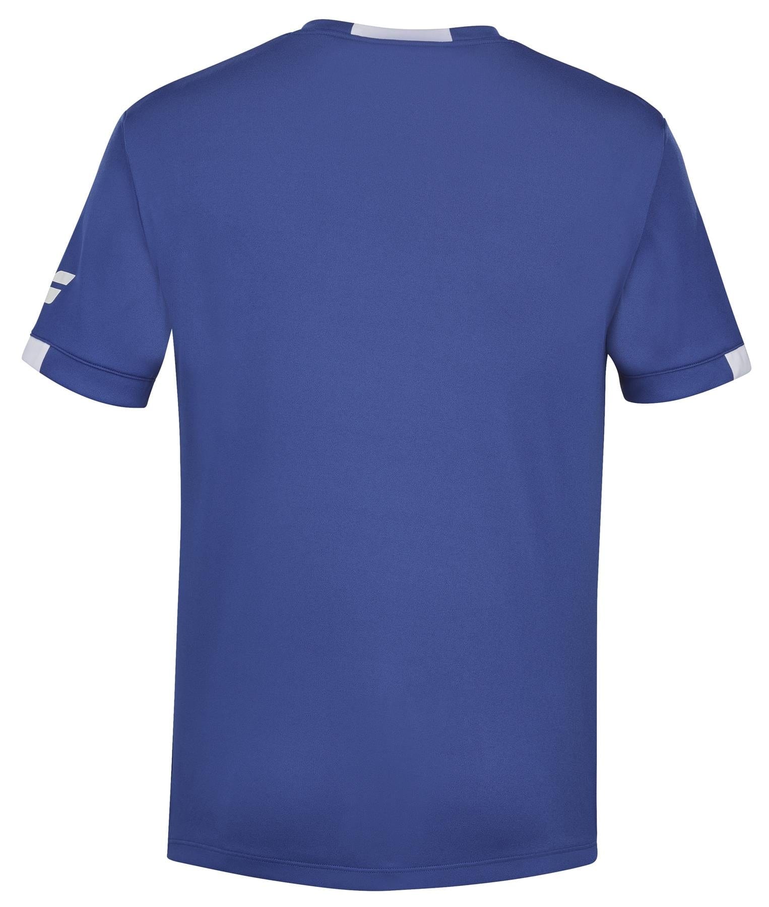 The Babolat Play Mens Crew Neck Badminton T-Shirt in Sodalite Blue, shown from the back, has white sleeve accents and a small white patch on the collar, crafted from recycled polyester.