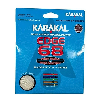 The white packaging of the Karakal Edge 68 badminton string prominently features "Nano Bonded Multifilaments" utilizing advanced Nano Technology. It highlights length, gauge, color indicators, and design aspects designed for exceptional power on the court.