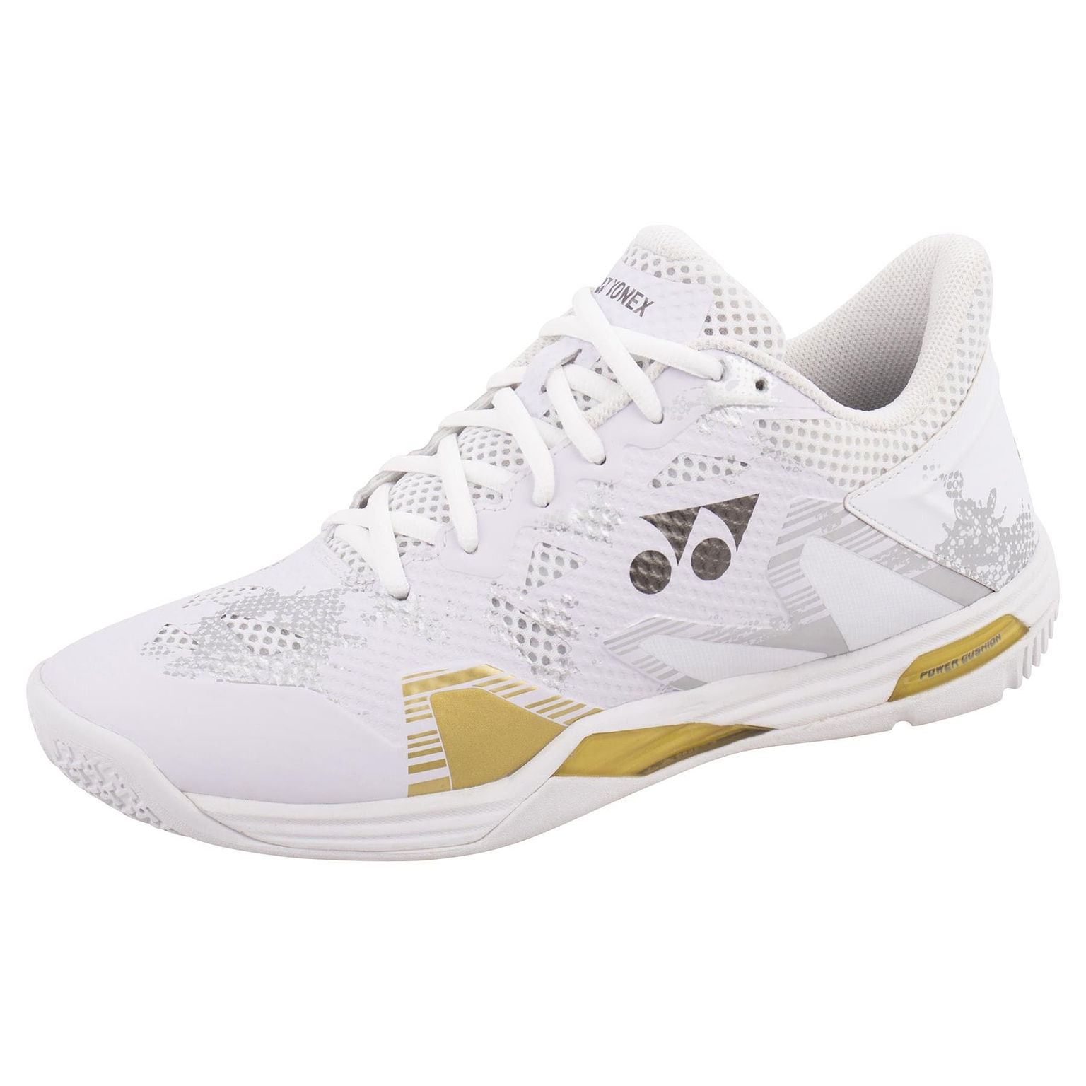 The Yonex Power Cushion Eclipsion Z3 Men's Badminton Shoes in White/Gold feature a Yonex Power Cushion sole for superior cushioning and repulsion. With their textured pattern, gold accents, laces, and a side logo, these shoes offer athletes both style and high performance.