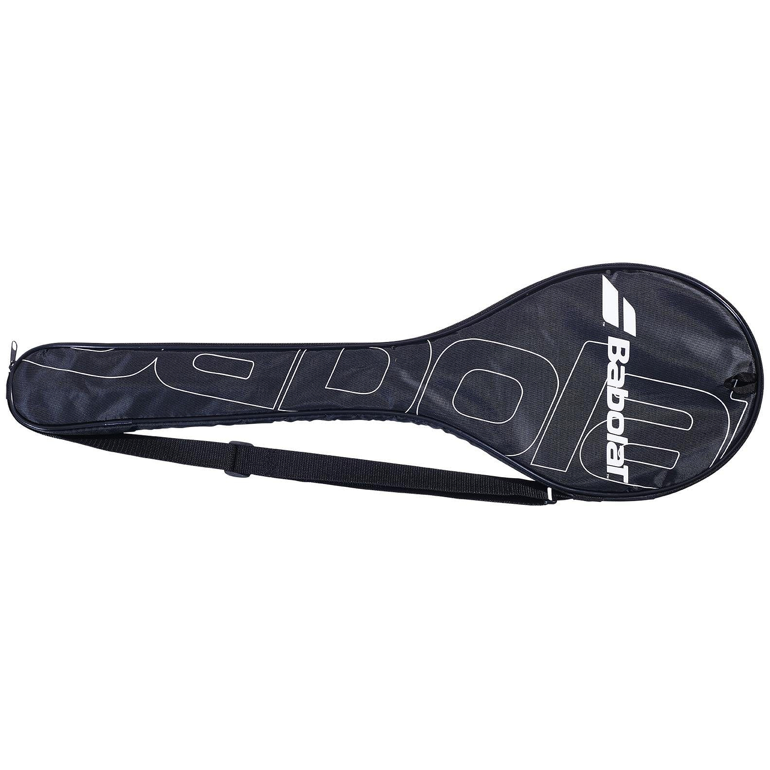 A Babolat Full Size Badminton Racket Cover Case in black, featuring an adjustable shoulder strap and the brand's logo in white. The elongated design accommodates a tennis or badminton racket and includes a side zipper for convenience.