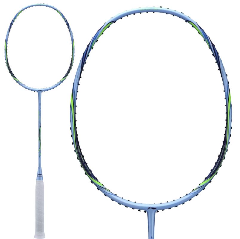 The Li-Ning BladeX 73-Light 6U Badminton Racket in Flower Blue is shown with a white grip, head-light balance, oval head with black grommets and green accents, and a full-length view of the entire racket.
