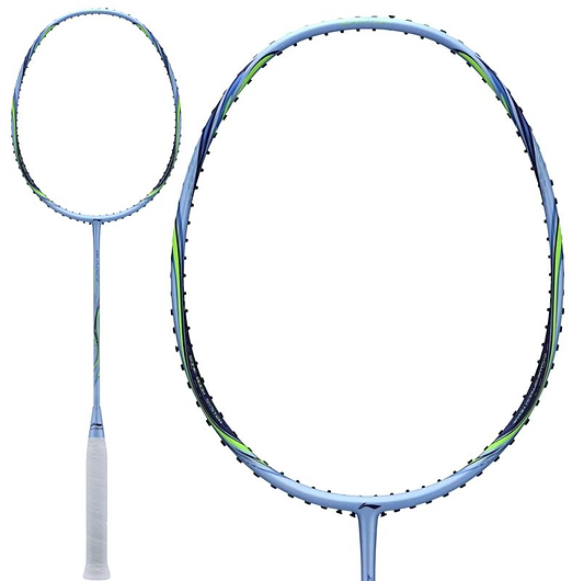 The Li-Ning BladeX 73-Light 6U Badminton Racket in Flower Blue is shown with a white grip, head-light balance, oval head with black grommets and green accents, and a full-length view of the entire racket.