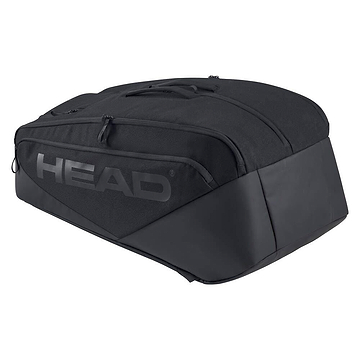 The HEAD Pro X 12 Racket Badminton Racket Bag XL - Black features a spacious zippered main compartment, side pocket, durable material, CCT+ climate control technology, and a sleek modern design with the dark gray HEAD logo.